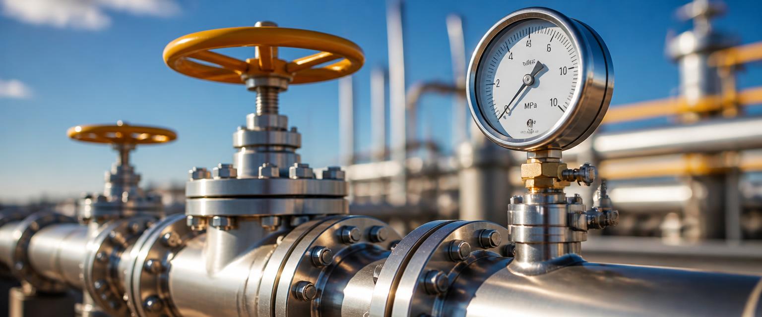 Polished steel natural gas pipeline valves and pressure gauges in bright daylight
